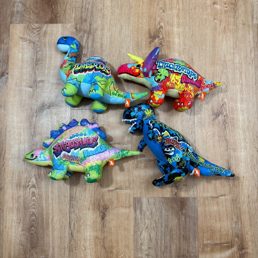 Wild Republic Dinosaur Plush Lot 4 Graffiti Skeleton TRex Triceratop Stegosaurus